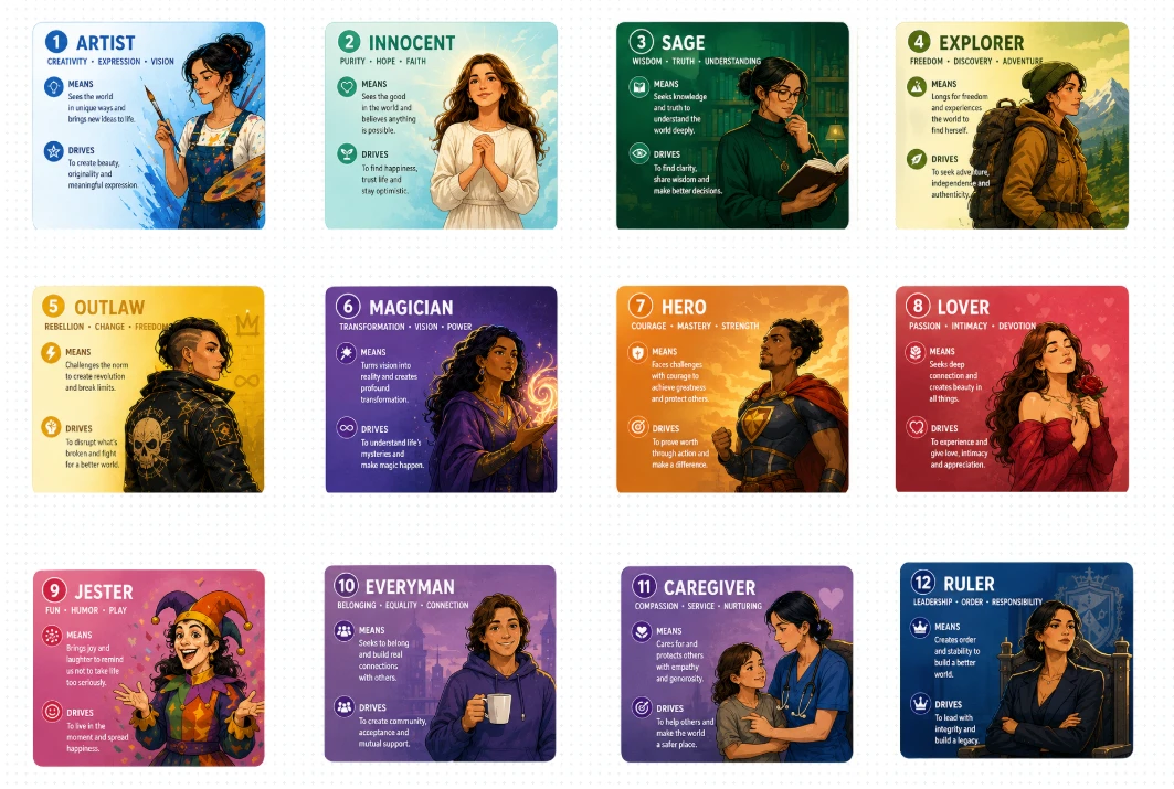 The twelve archetype cards: Artist, Innocent, Sage, Explorer, Outlaw, Magician, Hero, Lover, Jester, Everyman, Caregiver, Ruler, each with what it means and what drives it